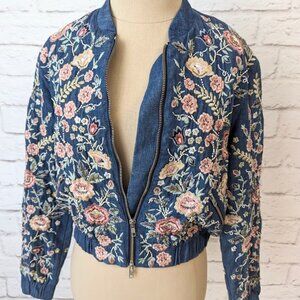 needle & thread Sundaze Denim Bomber Embroidered Jacket Size 2